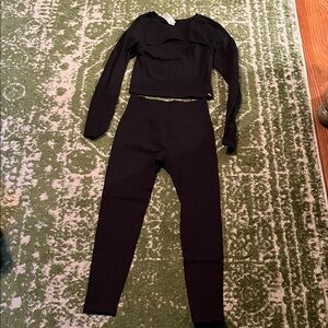 Joy Lab Black Women's High Waist Leggings Long Sleeve Crop Top Cut Out Textured